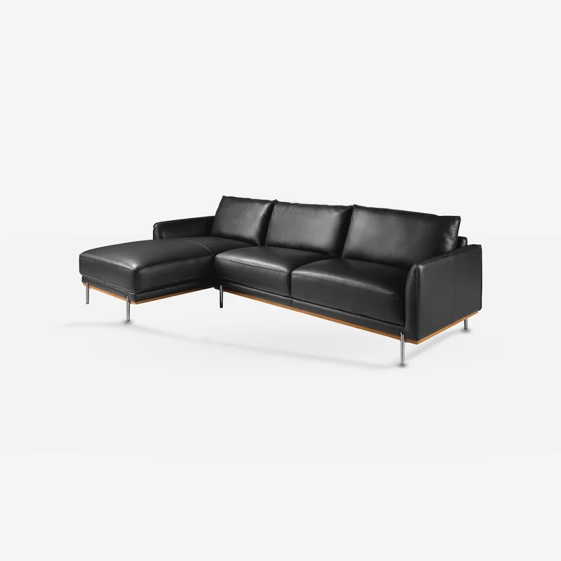 Left-facing black leather chaise longue sofa