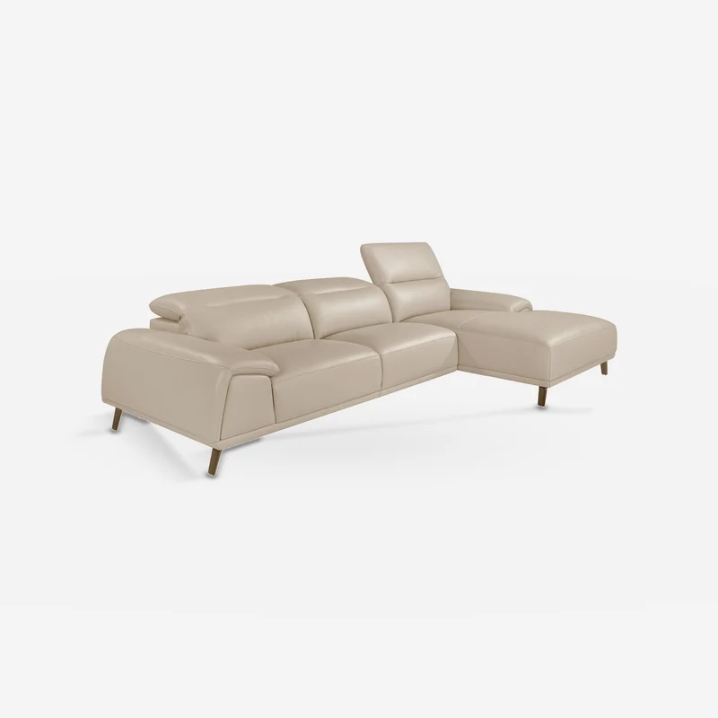 Right-facing taupe grey leather chaise longue sofa