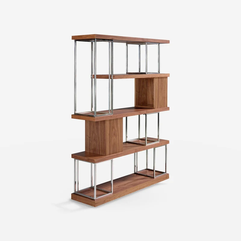 Walnut and chrome-plated stainless steel shelving