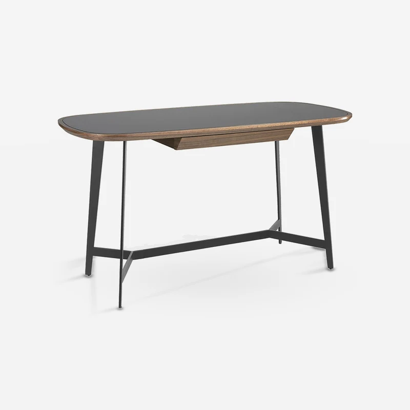 Walnut and black steel desk with black glass top