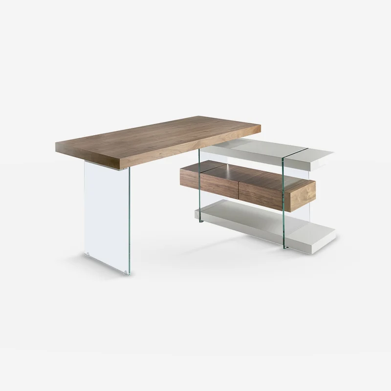 Grey and natural-tone wood desk with tempered glass and walnut top