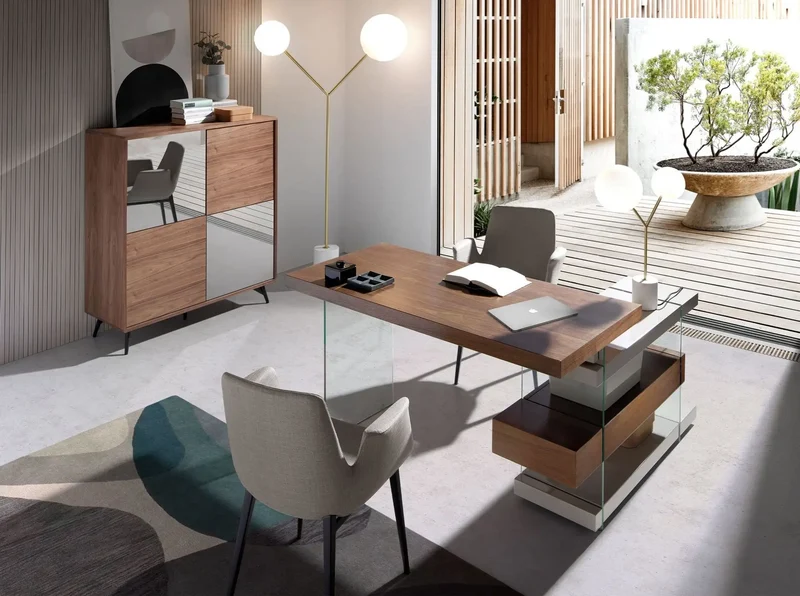 Grey and natural-tone wood desk with tempered glass and walnut top