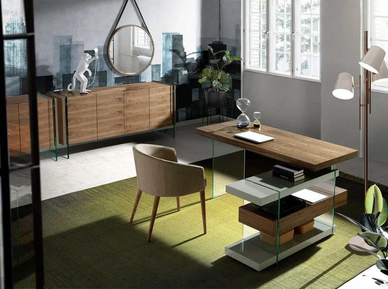 Grey and natural-tone wood desk with tempered glass and walnut top
