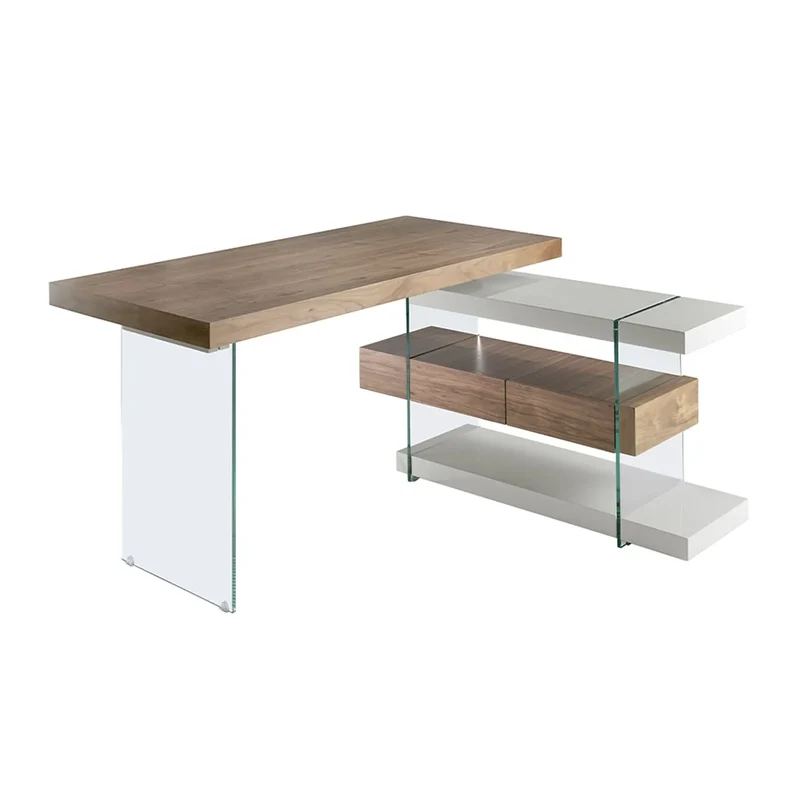 Grey and natural-tone wood desk with tempered glass and walnut top