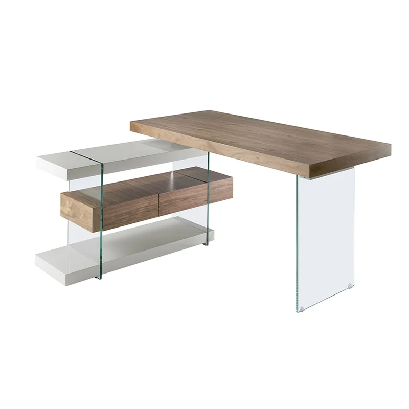 Grey and natural-tone wood desk with tempered glass and walnut top