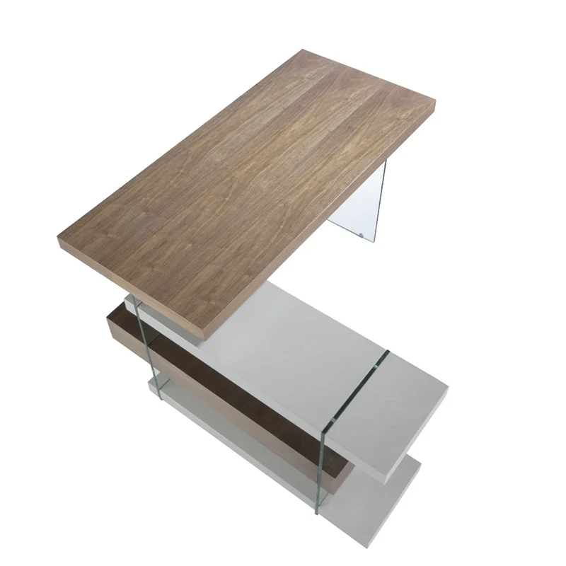 Grey and natural-tone wood desk with tempered glass and walnut top