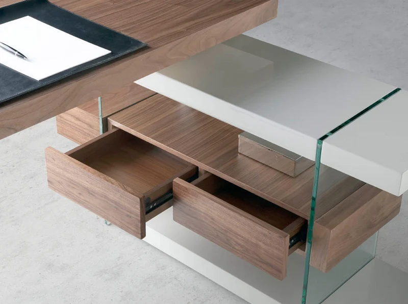 Grey and natural-tone wood desk with tempered glass and walnut top