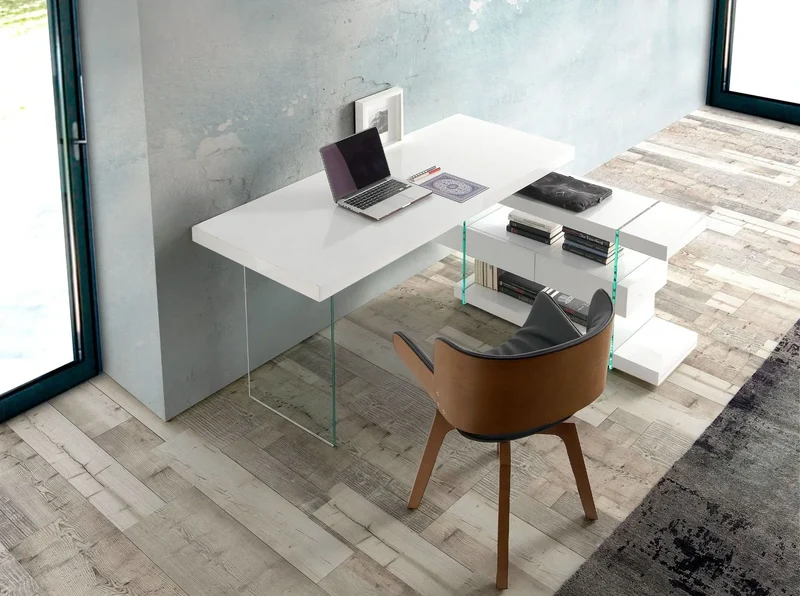 White wooden desk and tempered glass