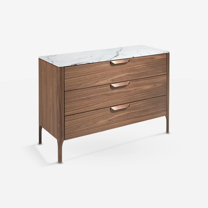 Walnut chest of drawers with marble-effect glass top