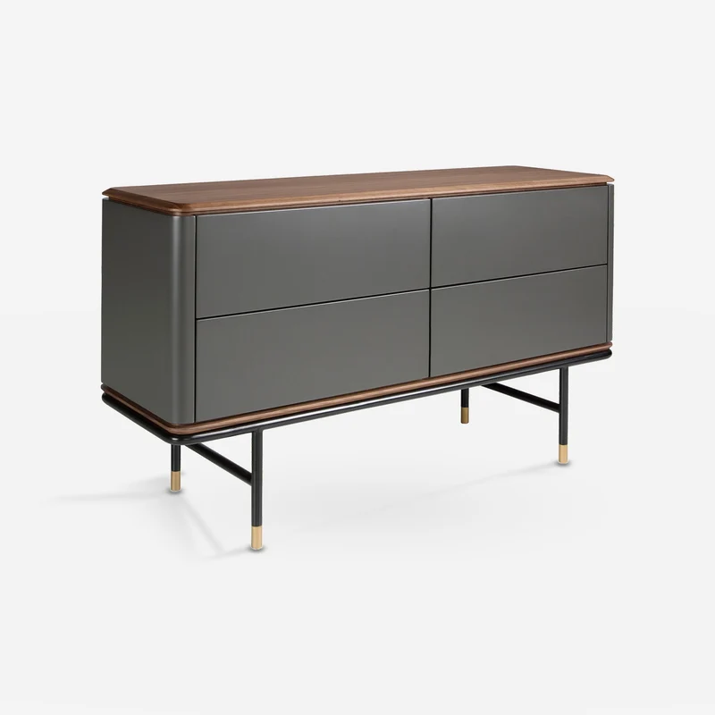 Chest of drawers in dark grey wood, black steel and walnut top