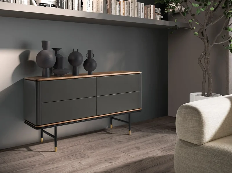 Chest of drawers in dark grey wood, black steel and walnut top