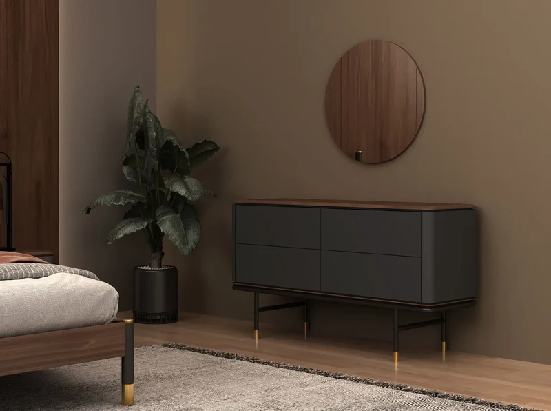 Chest of drawers in dark grey wood, black steel and walnut top