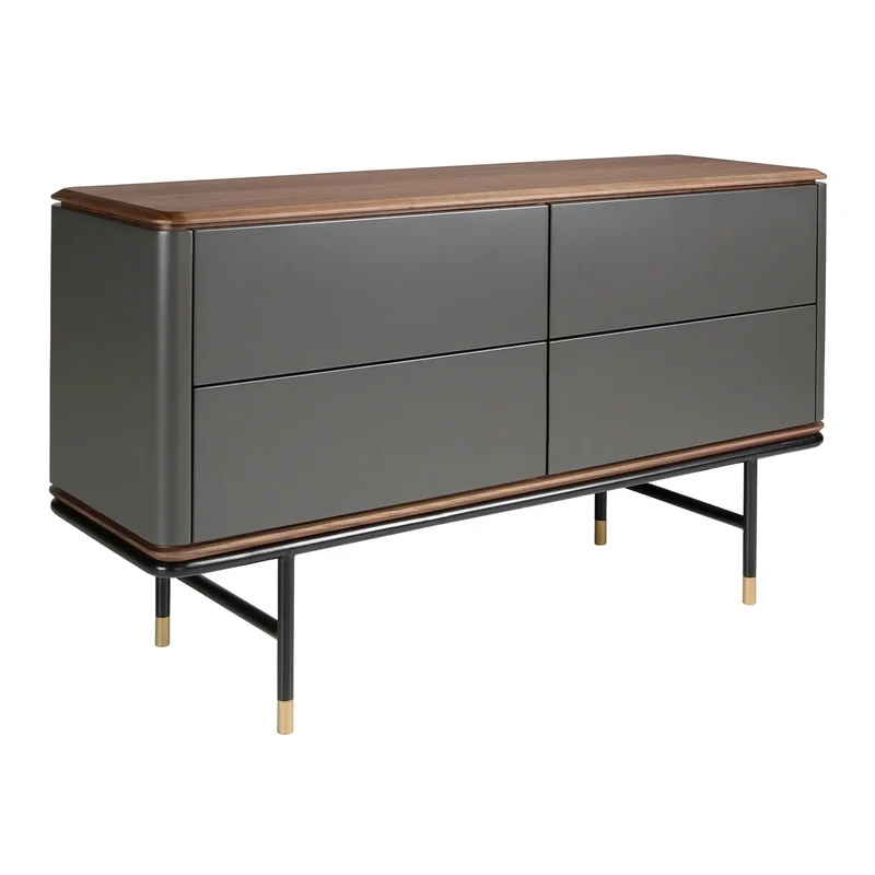 Chest of drawers in dark grey wood, black steel and walnut top