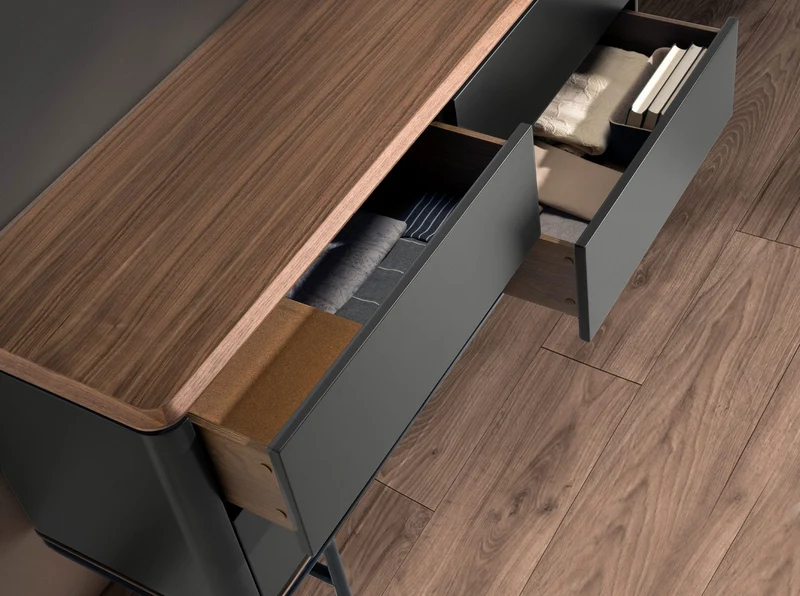Chest of drawers in dark grey wood, black steel and walnut top