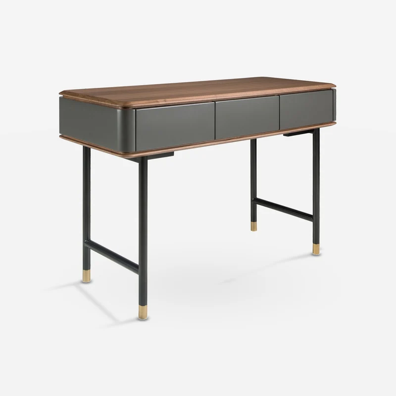 Rectangular console in walnut, dark grey wood and black steel