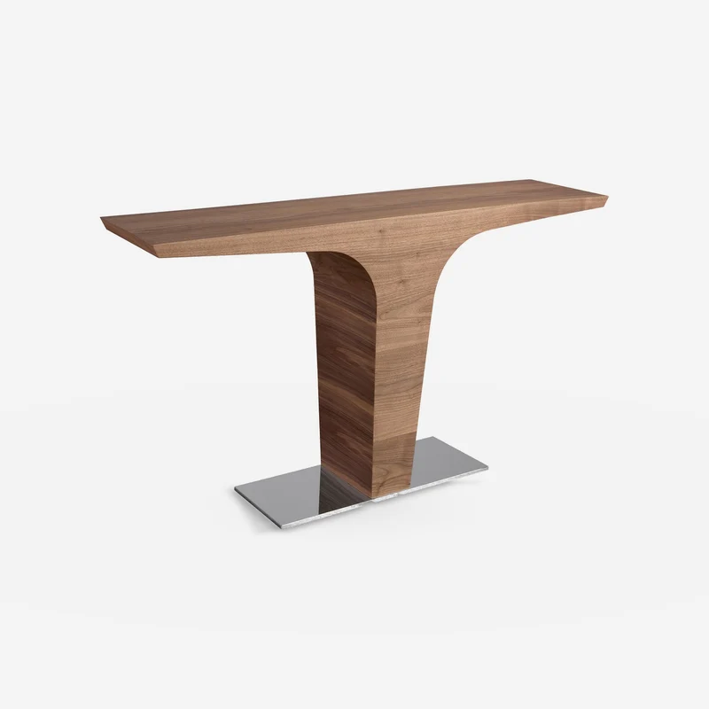 Rectangular walnut console with chrome-plated steel base