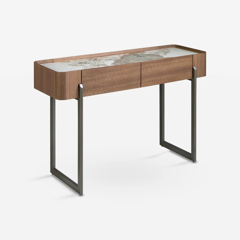 Rectangular console in porcelain marble, walnut and mink metal steel