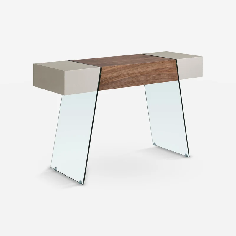 Rectangular console in grey wood, walnut and tempered glass