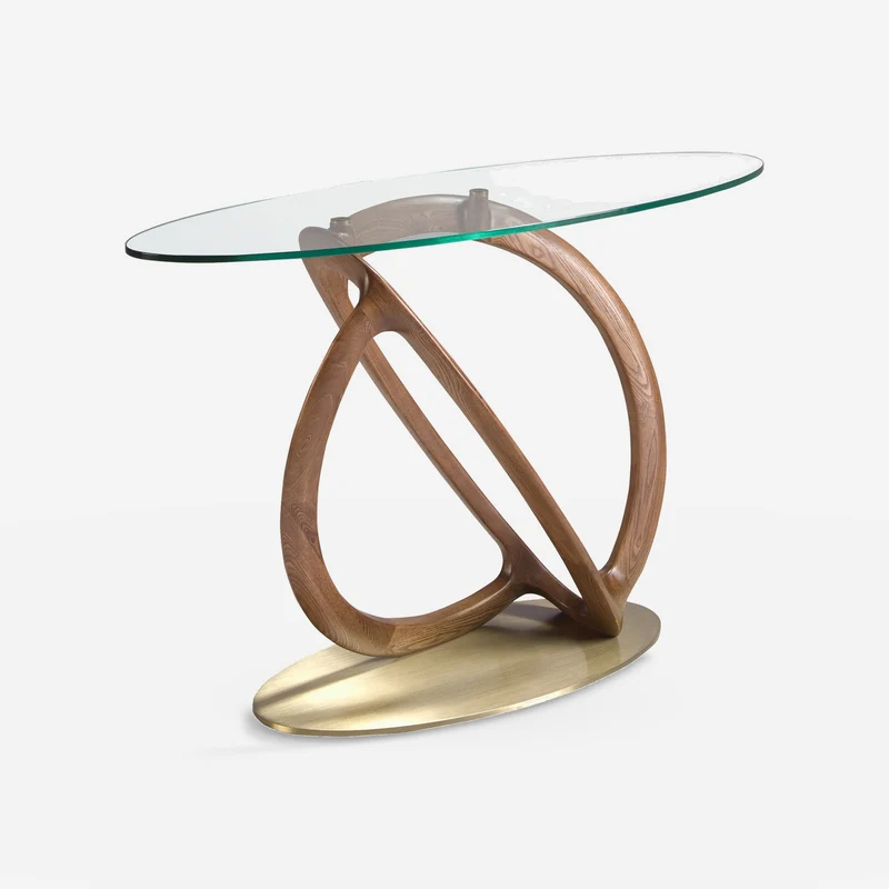 Oval console table in tempered glass, walnut and polished gold steel