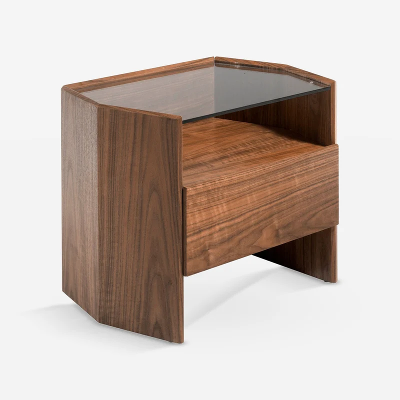 Walnut bedside table with tempered glass top