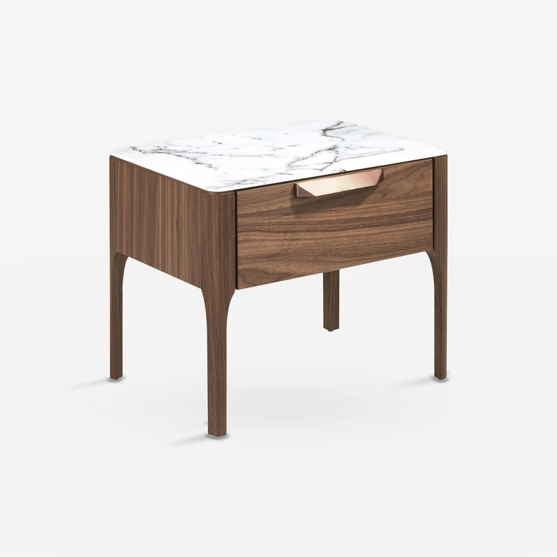 Walnut nightstand with marble-effect glass top