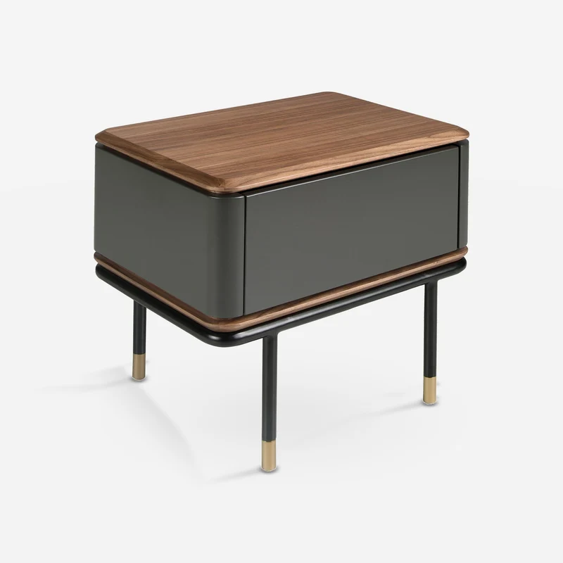 Dark grey wood nightstand, black steel and walnut top