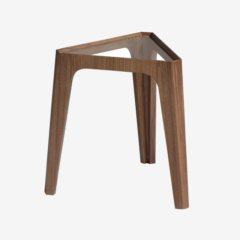 Triangular corner table with tempered glass and walnut