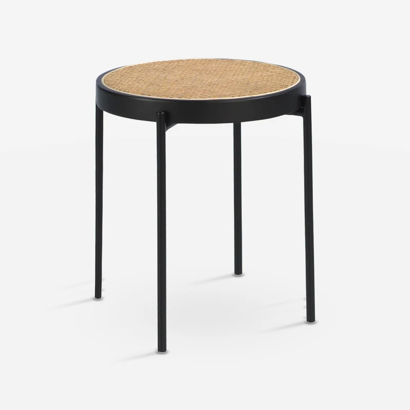 Round rattan, black wood and black steel corner table