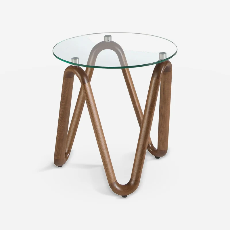Round corner table with tempered glass and walnut