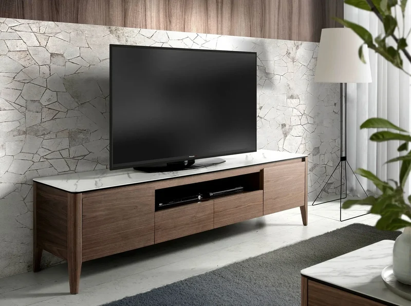 Walnut TV cabinet with marble-effect glass top