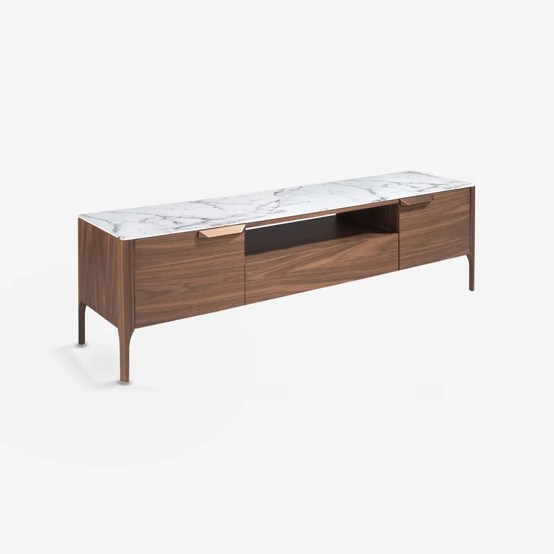 Walnut TV cabinet with marble-effect glass top