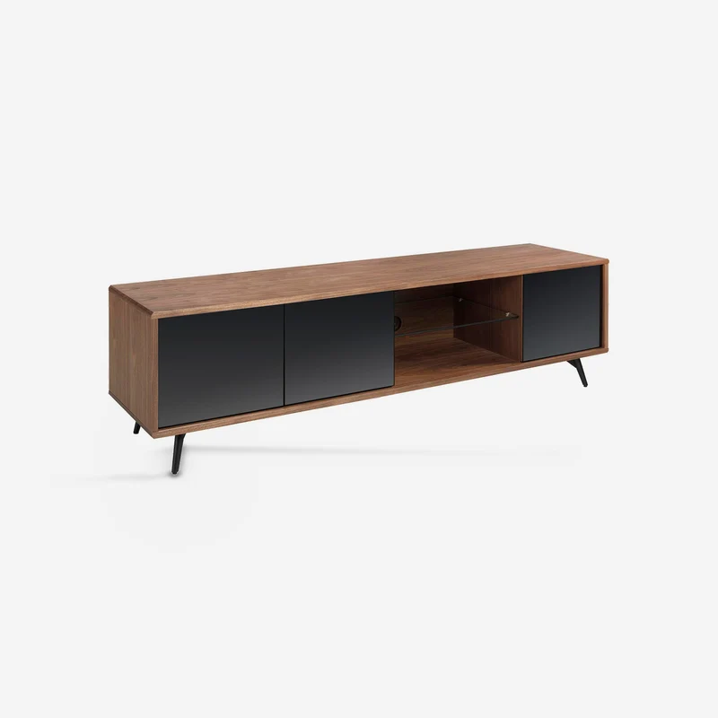 Black mirror-effect glass TV cabinet, walnut and black steel