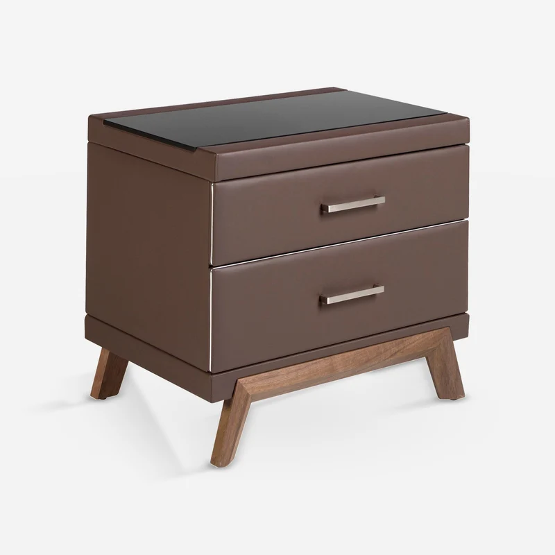 Brown and walnut leatherette upholstered nightstand with black glass top